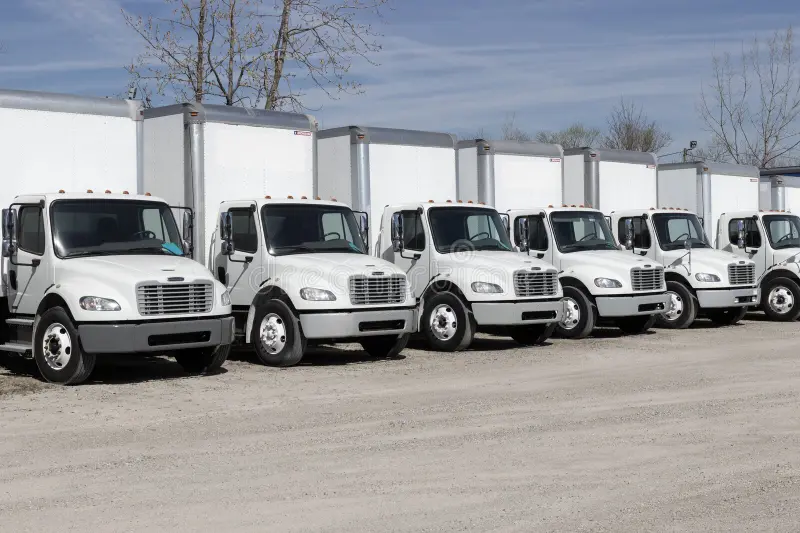 freightliner semi tractor trailer big rig trucks lined up sale owned daimler indianapolis circa april 275088064